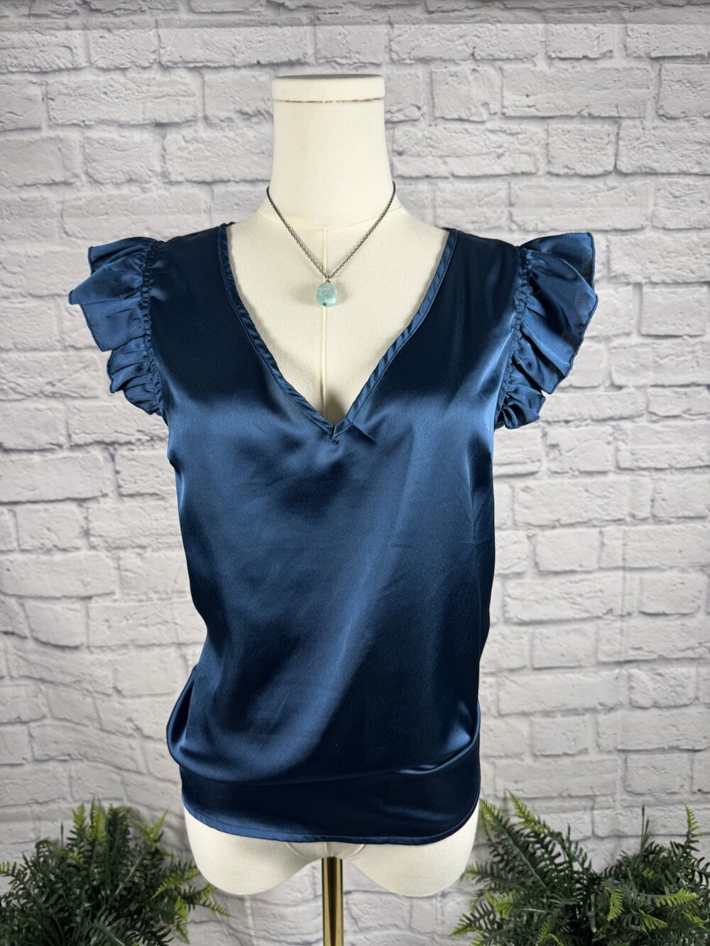 Navy Blue Satin Flutter Sleeve V-Neck Blouse M Ruffle Cap Sleeve Work Top